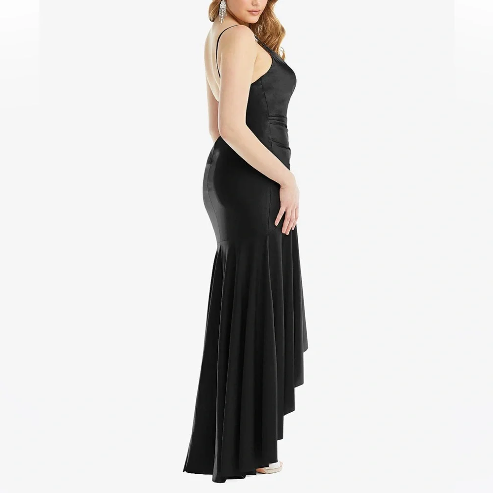 CYNTHIA & SAHAR GABRIELLA CS111 LUXE STRETCH SATIN Gown Black Pleated Ruffle - Picture 2 of 8